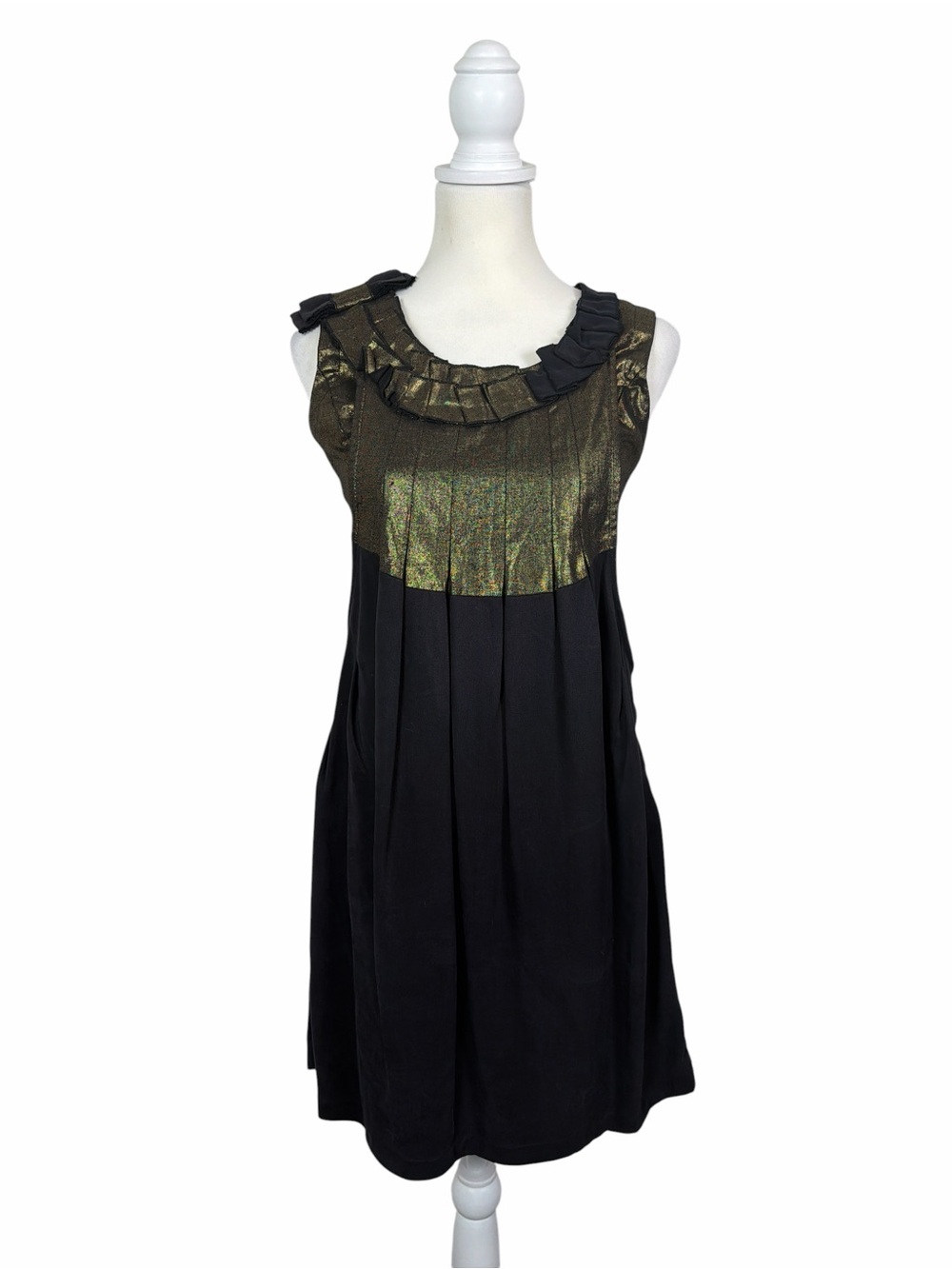 C. Luce Inc Black Gold Metallic Cocktail Dress Size Med. Sleeveless Ruffle Neck